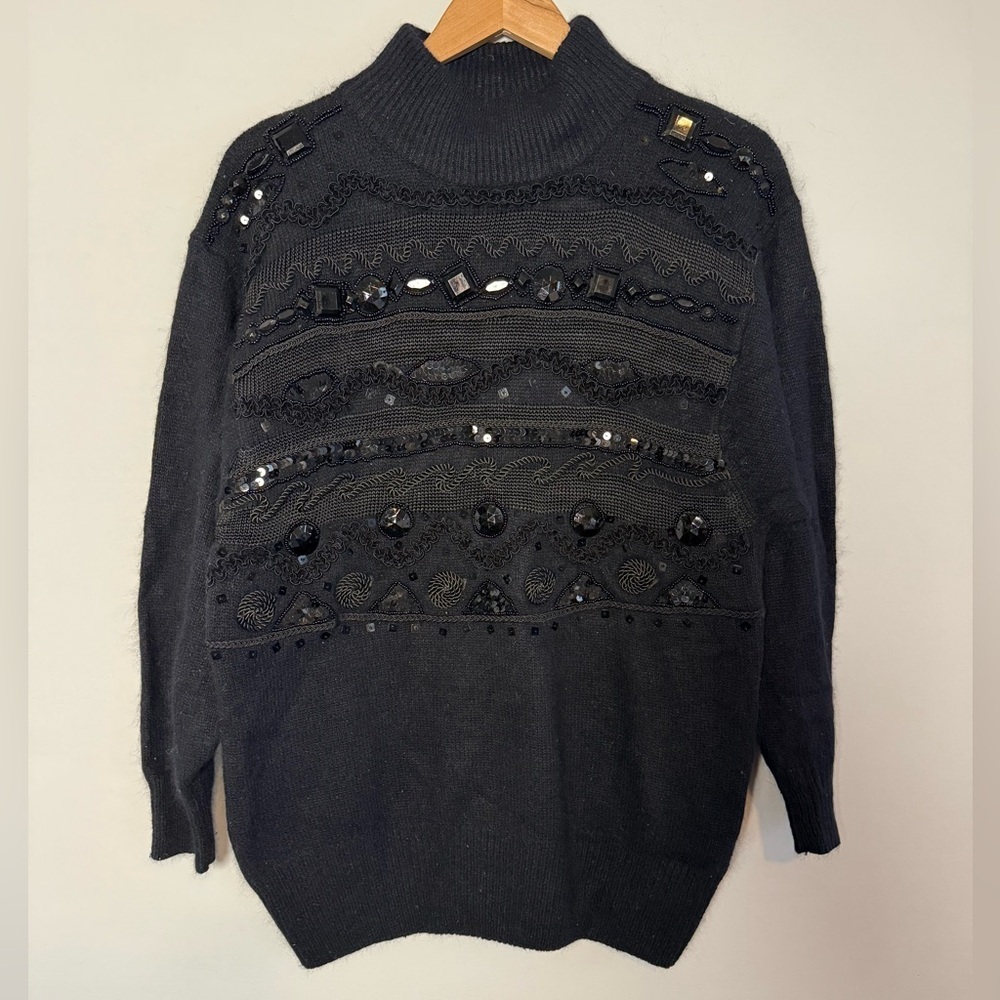 Elegant Black Embellished Turtleneck Sweater